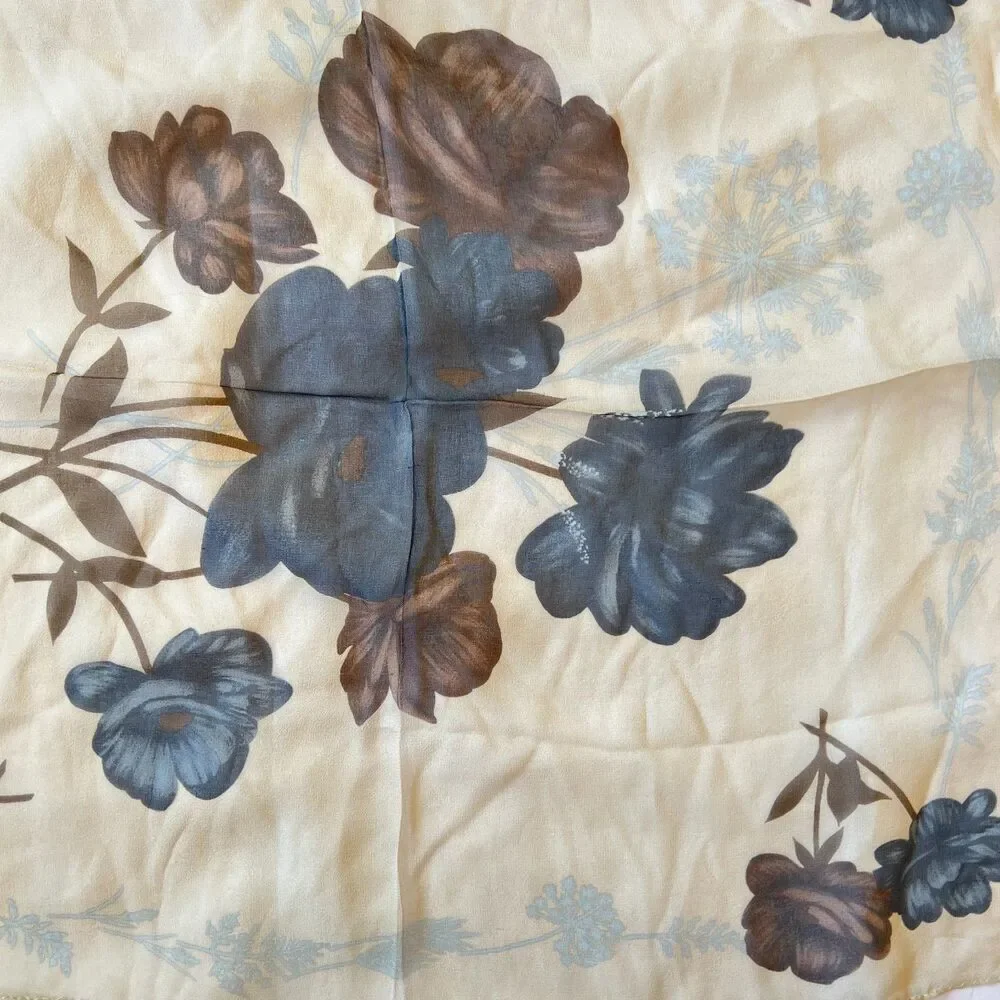A. Brod Scarf Womens sheer beige chiffon silk blue flowers vintage 20 ins sq